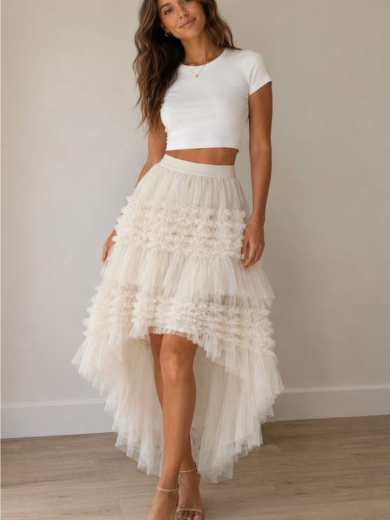 Dresses & Skirts - High-Low Ruffle Tulle Skirt in Cream